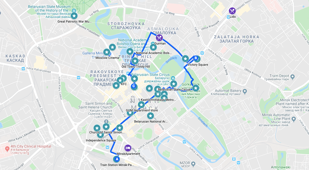 明斯克市中心徒步旅行地图